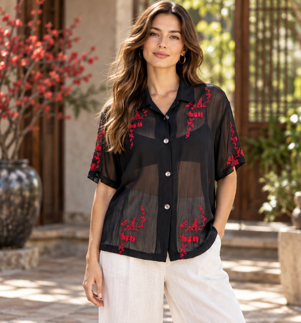 Vintage Chico's Design Black Sheer Asian Motif Embroidered Blouse Size 2/M